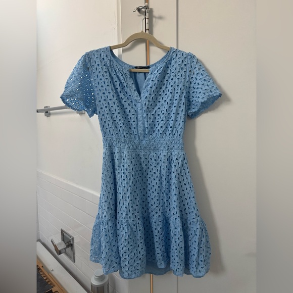 PrettyGarden | Blue Eyelet Mini Dress - Picture 2 of 4